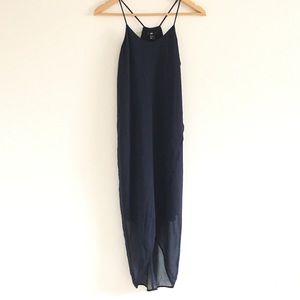 High-low wrap midi Navy blue slip dress